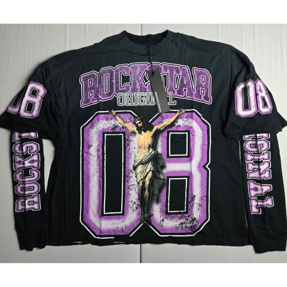 Rockstar Original Mens XL Long Sleeve Graphic Tee Black Purple Jesus Distressed